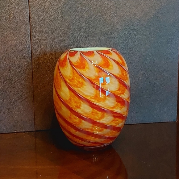 Rare Murano Swirl Art VaseHand-Blown Red & GoldDouble Cased White Inside